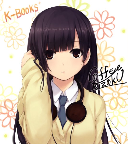 Anime picture 2829x3177 with coffee-kizoku single long hair tall image looking at viewer highres black hair brown eyes girl headphones sweater