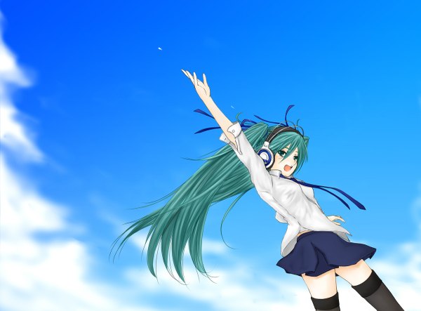 Anime picture 1200x887 with vocaloid hatsune miku long hair open mouth twintails green eyes sky green hair girl thighhighs skirt black thighhighs miniskirt headphones