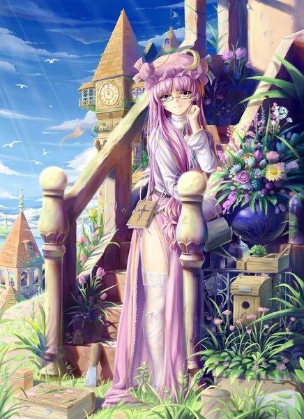 Anime picture 1700x2338 with touhou patchouli knowledge saber 01 single long hair tall image highres smile purple eyes sky purple hair cloud (clouds) crescent girl thighhighs flower (flowers) plant (plants) hat animal white thighhighs