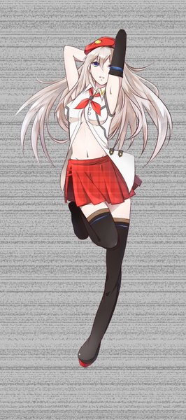 Anime picture 800x1800 with original litsvn single long hair tall image looking at viewer fringe breasts open mouth blue eyes bent knee (knees) white hair pleated skirt grey background open clothes bare belly armpit (armpits) zettai ryouiki groin plaid skirt