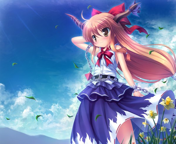 Anime picture 2081x1700 with touhou ibuki suika takeponi long hair blush highres brown hair yellow eyes sky horn (horns) loli girl flower (flowers) bow hair bow chain