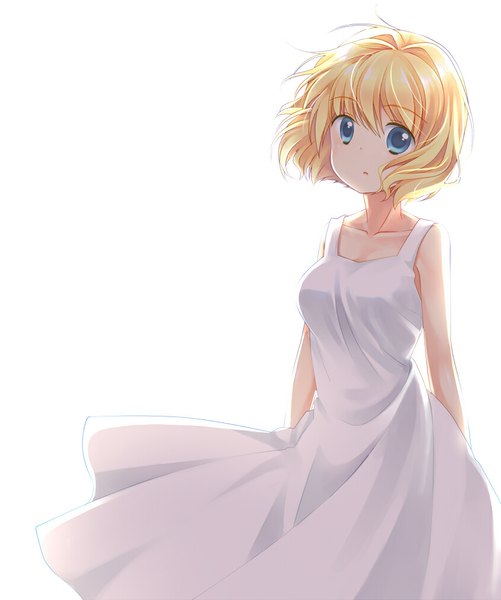 Anime picture 843x1010 with air key (studio) kamio misuzu satou aoi single tall image looking at viewer short hair blue eyes simple background blonde hair white background bare shoulders wind girl dress white dress