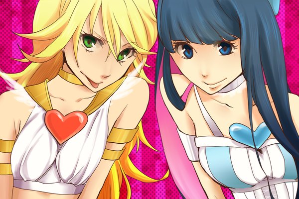 Anime picture 1200x800 with panty & stocking with garterbelt anarchy stocking anarchy panty tomari (veryberry00) long hair blue eyes blonde hair smile bare shoulders multiple girls green eyes blue hair multicolored hair colored inner hair girl hair ornament bow 2 girls hair bow choker
