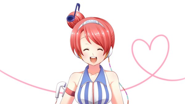 Anime picture 1500x844 with vocaloid akikoroid-chan single short hair open mouth simple background smile wide image white background bare shoulders red hair eyes closed heart of string girl hair ornament heart headphones