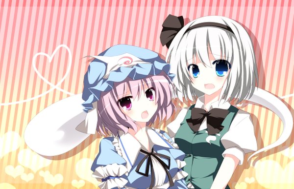 Anime picture 1240x800 with touhou konpaku youmu saigyouji yuyuko myon horon (artist) short hair open mouth blue eyes multiple girls pink hair white hair pink eyes striped striped background girl 2 girls headdress hairband