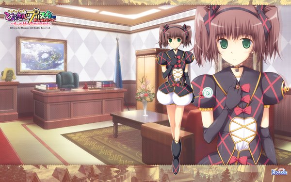 Anime picture 1920x1200 with otome renshin prister highres brown hair wide image twintails green eyes short twintails zoom layer girl gloves elbow gloves collar room