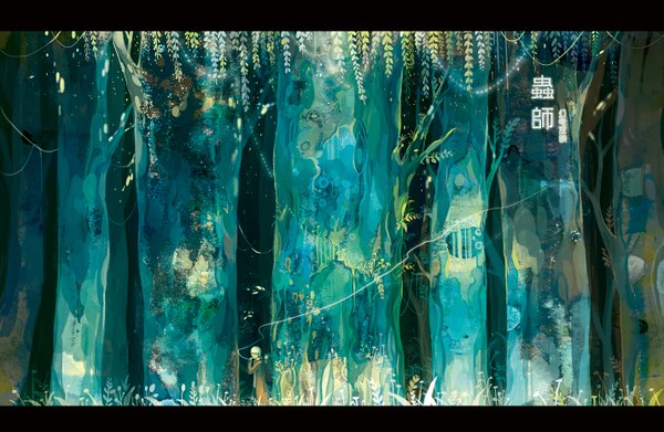 Anime picture 1427x930 with mushishi ginko sarnath short hair white hair inscription landscape boy plant (plants) tree (trees) coat forest