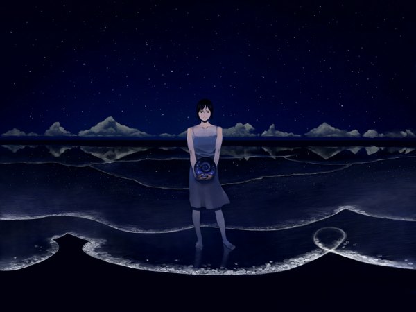 Anime picture 1500x1125 with original shiira single bare shoulders barefoot night reflection sea star (stars) seashell