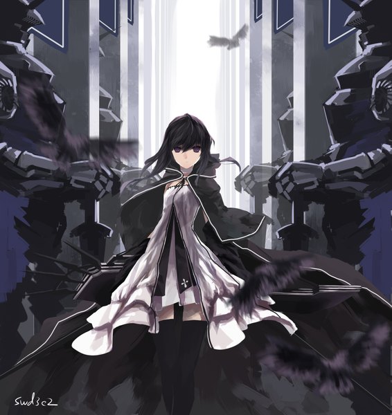 Anime picture 2007x2125 with original paradise (character) swd3e2 single long hair tall image looking at viewer fringe highres black hair standing purple eyes holding zettai ryouiki flying girl thighhighs dress weapon black thighhighs