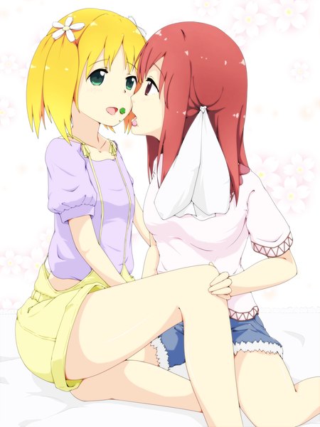 Anime picture 750x1000 with sakura trick studio deen takayama haruka sonoda yuu kagurazaka tomo (artist) long hair tall image short hair open mouth blonde hair red eyes multiple girls green eyes red hair shoujo ai almost kiss girl hair ornament 2 girls shorts