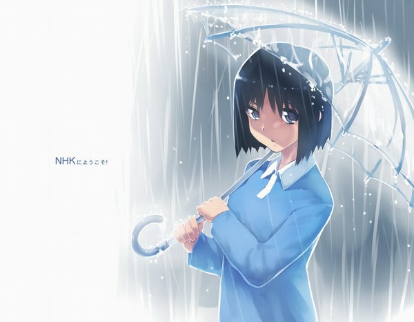 Anime picture 1000x778 with nhk ni youkoso gonzo nakahara misaki siqi (miharuu) single looking at viewer short hair blue eyes black hair rain transparent umbrella girl umbrella