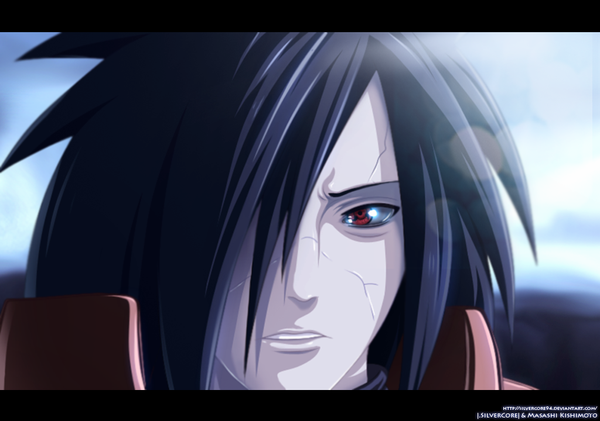 Anime picture 1024x720 with naruto studio pierrot naruto (series) uchiha madara silvercore94 single fringe short hair black hair red eyes sky cloud (clouds) sunlight hair over one eye coloring portrait close-up sharingan boy