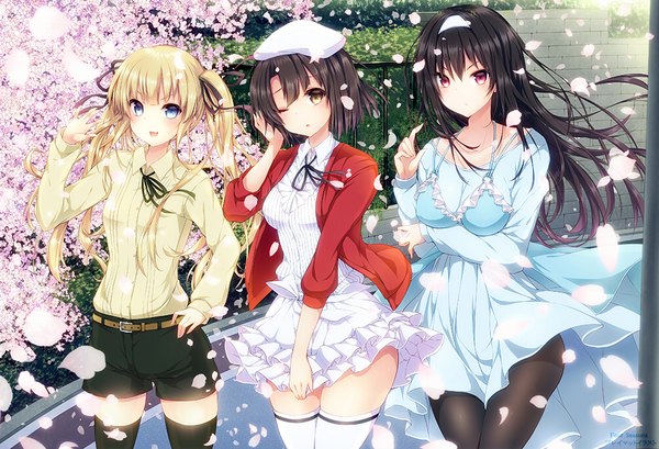 Anime picture 1001x684 with saenai heroine no sodatekata a-1 pictures kasumigaoka utaha katou megumi sawamura spencer eriri kabocha usagi long hair blush short hair blue eyes black hair blonde hair red eyes twintails multiple girls brown eyes frilled dress girl thighhighs dress