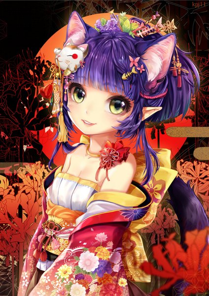 Anime picture 680x962 with original sera (kpj11) single long hair tall image smile bare shoulders animal ears yellow eyes purple hair tail traditional clothes japanese clothes animal tail lips pointy ears girl hair ornament belt hairclip