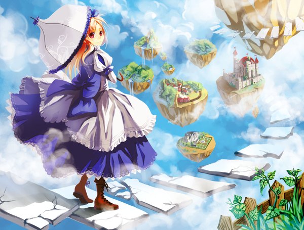 Anime picture 1547x1174 with alice in wonderland newrein (artist) sky cloud (clouds) dress bow plant (plants) umbrella stairs castle island