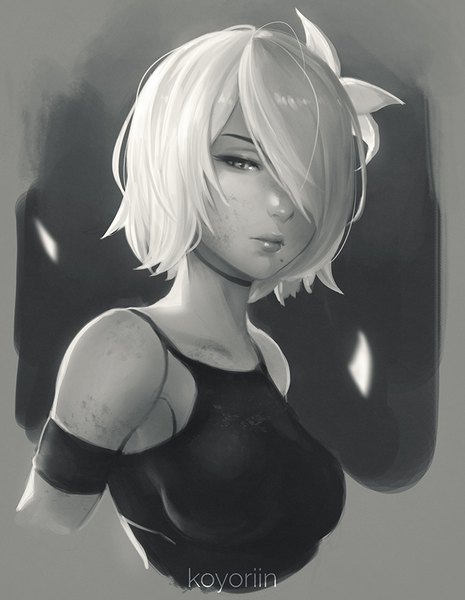 Anime picture 697x900 with nier nier:automata yorha type a no. 2 koyoriin single tall image looking at viewer fringe short hair simple background bare shoulders signed upper body white hair hair flower lips hair over one eye mole monochrome portrait