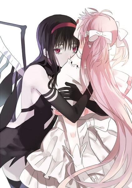 Anime picture 600x851 with mahou shoujo madoka magica shaft (studio) akemi homura kaname madoka goddess madoka akuma homura dong jian dao long hair tall image looking at viewer fringe black hair simple background hair between eyes red eyes white background twintails bare shoulders multiple girls pink hair