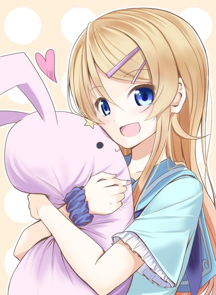 Anime picture 732x1000 with ore no imouto ga konna ni kawaii wake ga nai kousaka kirino aoi usagi (marinebluerabbit) single long hair tall image looking at viewer blush fringe open mouth blue eyes blonde hair hair between eyes upper body :d hug happy polka dot wrist scrunchie polka dot background