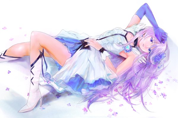 Anime picture 1536x1024 with heartcatch precure! futari wa pretty cure tsukikage yuri osamu (mekarauroko 6) long hair white background pink hair lying hair flower girl dress gloves hair ornament petals boots rose (roses) single elbow glove