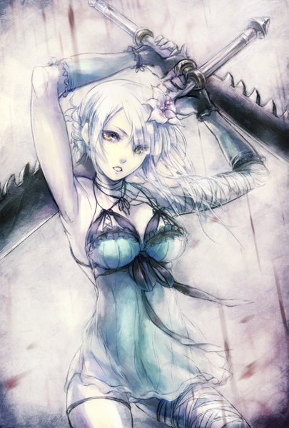 Anime picture 1013x1500 with nier kaine (nier) lira mist single long hair tall image looking at viewer blush breasts open mouth light erotic large breasts purple eyes bare shoulders holding cleavage white hair hair flower lips arms up