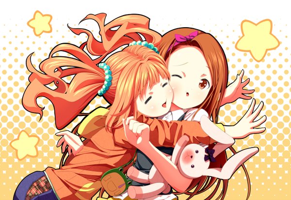 Anime picture 1455x1000 with idolmaster minase iori takatsuki yayoi tsukumo long hair open mouth brown hair multiple girls brown eyes eyes closed one eye closed wink orange hair girl dress 2 girls toy stuffed animal