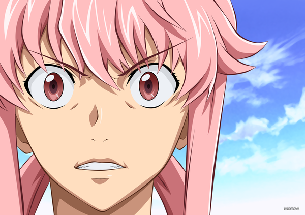 Anime picture 2400x1694 with mirai nikki gasai yuno morrow single long hair looking at viewer fringe highres pink hair sky cloud (clouds) pink eyes teeth close-up angry clenched teeth frown girl