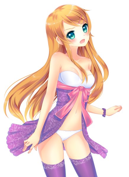 Anime picture 1895x2602 with ore no imouto ga konna ni kawaii wake ga nai kousaka kirino nami (nyaa) single long hair tall image looking at viewer blush highres open mouth blue eyes light erotic white background orange hair girl thighhighs navel underwear panties lingerie