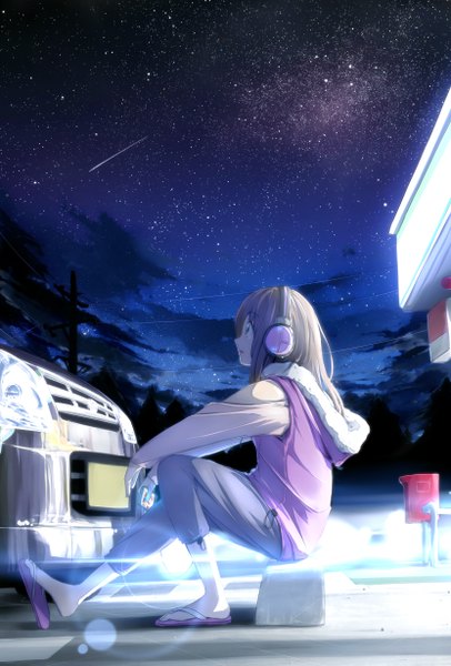 Anime picture 832x1228 with original minamito single long hair tall image brown hair sitting brown eyes looking away cloud (clouds) profile night girl headphones star (stars) vest ground vehicle car
