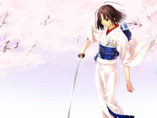 Anime picture 1600x1200 with kara no kyoukai type-moon ryougi shiki takeuchi takashi single fringe short hair brown hair standing holding brown eyes looking away ahoge red hair traditional clothes japanese clothes wide sleeves floral print girl weapon