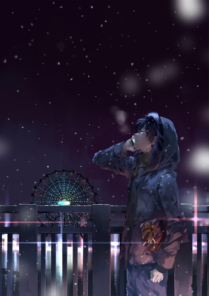 Anime picture 2182x3086 with original kyouichi single tall image fringe highres short hair black hair standing sky outdoors long sleeves profile light smile black eyes blurry night night sky fur trim lens flare
