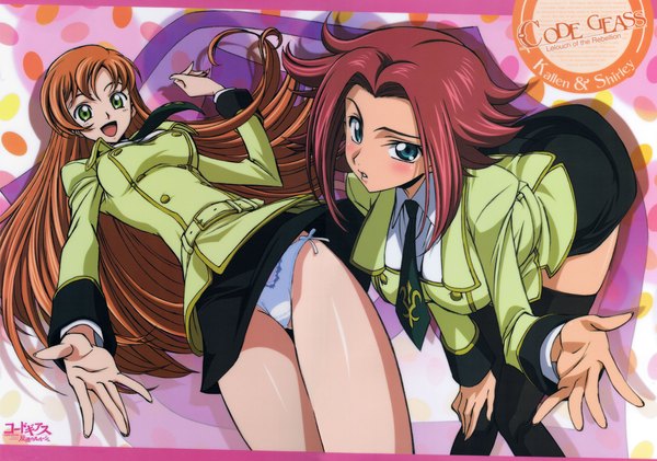 Anime picture 2500x1753 with code geass sunrise (studio) kallen stadtfeld shirley fenette kimura takahiro long hair looking at viewer blush highres short hair breasts open mouth blue eyes light erotic large breasts multiple girls green eyes red hair scan copyright name
