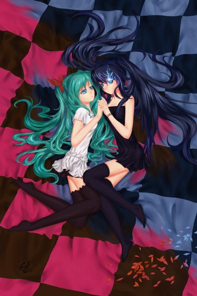 Anime picture 1000x1500 with black rock shooter vocaloid world is mine (vocaloid) hatsune miku black rock shooter (character) c.z. long hair tall image looking at viewer fringe blue eyes black hair twintails bare shoulders multiple girls lying aqua eyes aqua hair alternate costume glowing