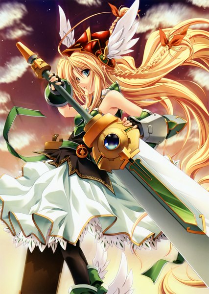 Anime picture 3391x4761 with miyama zero single long hair tall image highres blonde hair green eyes absurdres braid (braids) head wings girl ribbon (ribbons) weapon sword