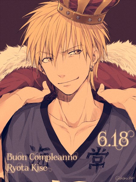 Anime picture 675x900 with kuroko no basket production i.g kise ryouta mashima shima single tall image fringe short hair blonde hair simple background smile hair between eyes signed yellow eyes looking away character names piercing ear piercing dark background boy