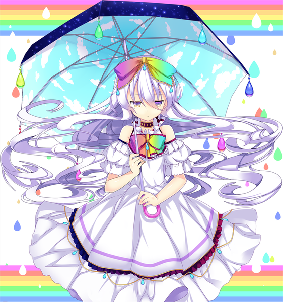 Anime picture 750x800 with original nyori single long hair tall image looking at viewer bare shoulders white hair multicolored eyes sky print girl dress bow hair bow umbrella