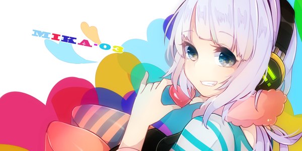 Anime picture 1600x800 with utau mika-03 itamidome short hair smile wide image looking back grey hair inscription grey eyes character names striped heart hands girl heart headphones