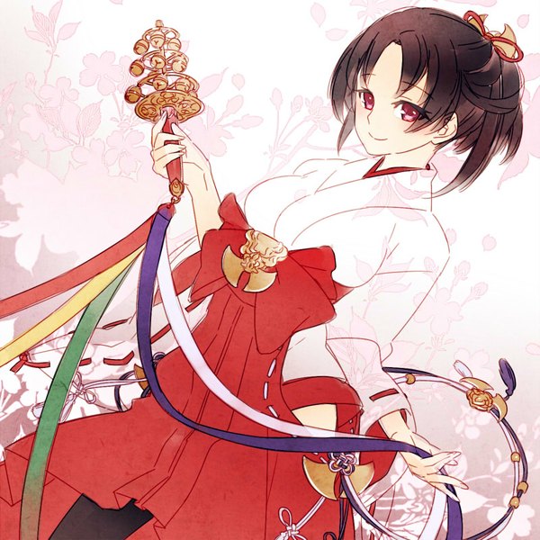 Anime picture 800x800 with original ai (warekaku) single long hair blush breasts red eyes brown hair holding traditional clothes japanese clothes fingernails wide sleeves girl ribbon (ribbons) bell jingle bell kagura suzu