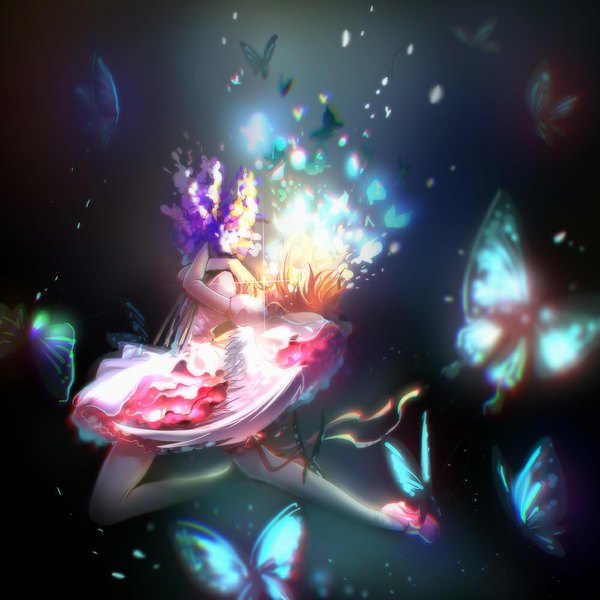 Anime picture 1000x1000 with original pixiv fantasia pixiv fantasia fallen kings miemia single short hair brown hair puffy sleeves magic dark background flying angel wings girl thighhighs dress flower (flowers) ribbon (ribbons) white thighhighs wings insect