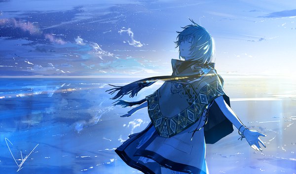Anime picture 1100x650 with original loundraw single fringe short hair open mouth hair between eyes wide image standing signed sky cloud (clouds) outdoors eyes closed wind sunlight monochrome spread arms horizon landscape