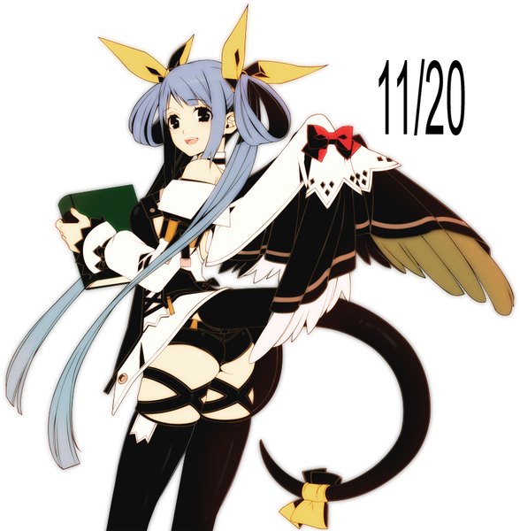 Anime picture 795x811 with guilty gear dizzy (guilty gear) 8055 single long hair tall image blush open mouth light erotic simple background white background bare shoulders blue hair looking away ass tail :d black eyes girl thighhighs