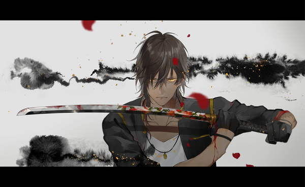 Anime picture 2413x1480 with touken ranbu nitroplus ookurikara vient single looking at viewer fringe highres short hair simple background hair between eyes brown hair wide image arm up lips grey background dark skin floral print letterboxed fighting stance