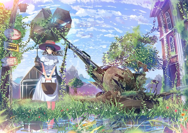 Anime picture 1500x1066 with original daito (daito369) long hair blue eyes brown hair sky cloud (clouds) girl dress flower (flowers) plant (plants) hat water gun grass house basket traffic sign