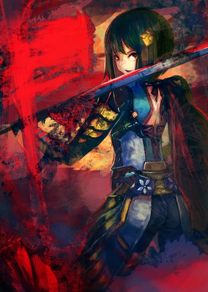 Anime picture 1000x1400 with original jinichi single tall image short hair open mouth black hair brown eyes traditional clothes looking back girl hair ornament weapon sword