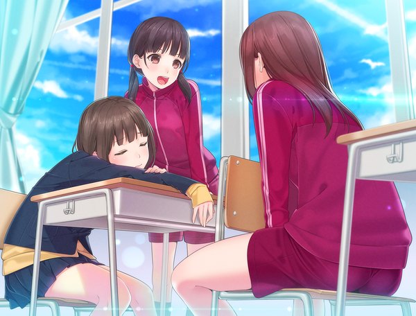 Anime picture 1000x761 with original ama mitsuki long hair blush open mouth red eyes brown hair sitting twintails multiple girls eyes closed girl skirt uniform school uniform miniskirt jacket shorts window 3 girls