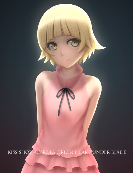 Anime picture 1000x1300 with kizumonogatari shaft (studio) monogatari (series) kissshot acerolaorion heartunderblade siraha single tall image fringe short hair blonde hair simple background smile bare shoulders yellow eyes payot looking away character names black background hands behind back girl