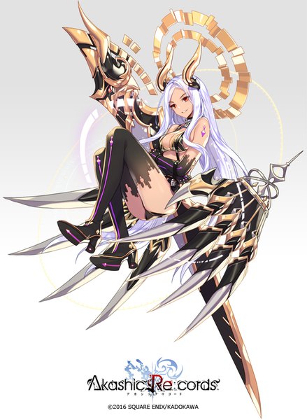 Anime picture 630x862 with akashic re:cords empew single tall image looking at viewer light erotic simple background smile red eyes silver hair very long hair head tilt horn (horns) grey background high heels copyright name crossed legs gradient background embryo's pose 2016