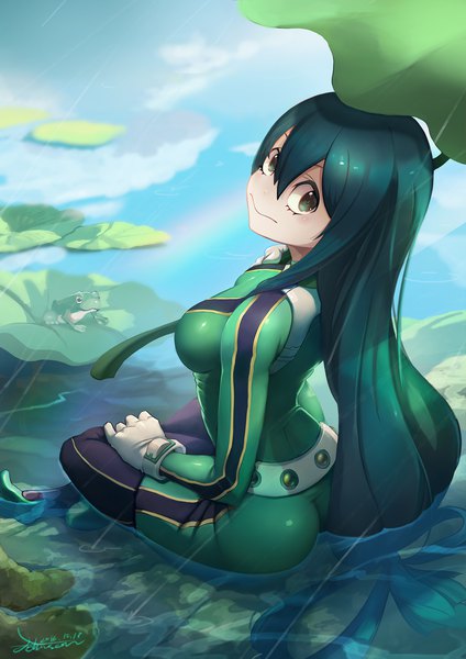 Anime picture 1448x2048 with boku no hero academia studio bones asui tsuyu johnson zhuang single long hair tall image looking at viewer fringe breasts hair between eyes sitting green eyes signed ass outdoors long sleeves looking back green hair from behind