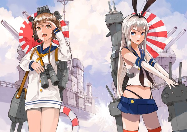 Anime picture 1900x1343 with kantai collection shimakaze destroyer rensouhou-chan yukikaze destroyer alchemaniac long hair highres short hair open mouth blue eyes blonde hair brown hair multiple girls brown eyes sky cloud (clouds) girl thighhighs skirt gloves
