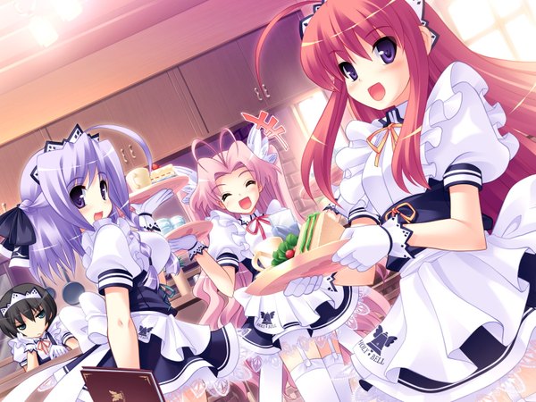 Anime picture 1600x1200 with primary (game) prim rina oaklane lime luna oaklane mariafia chiffonese long hair open mouth purple eyes multiple girls pink hair game cg purple hair red hair maid girl 3 girls