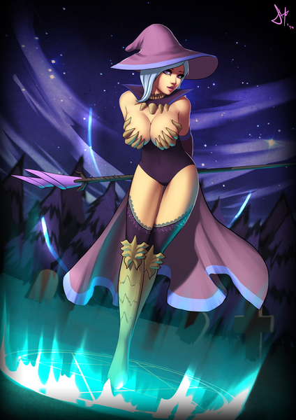 Anime picture 3508x4961 with deilan12 (artist) single tall image highres short hair breasts light erotic purple eyes blue hair absurdres lips girl hat witch hat staff